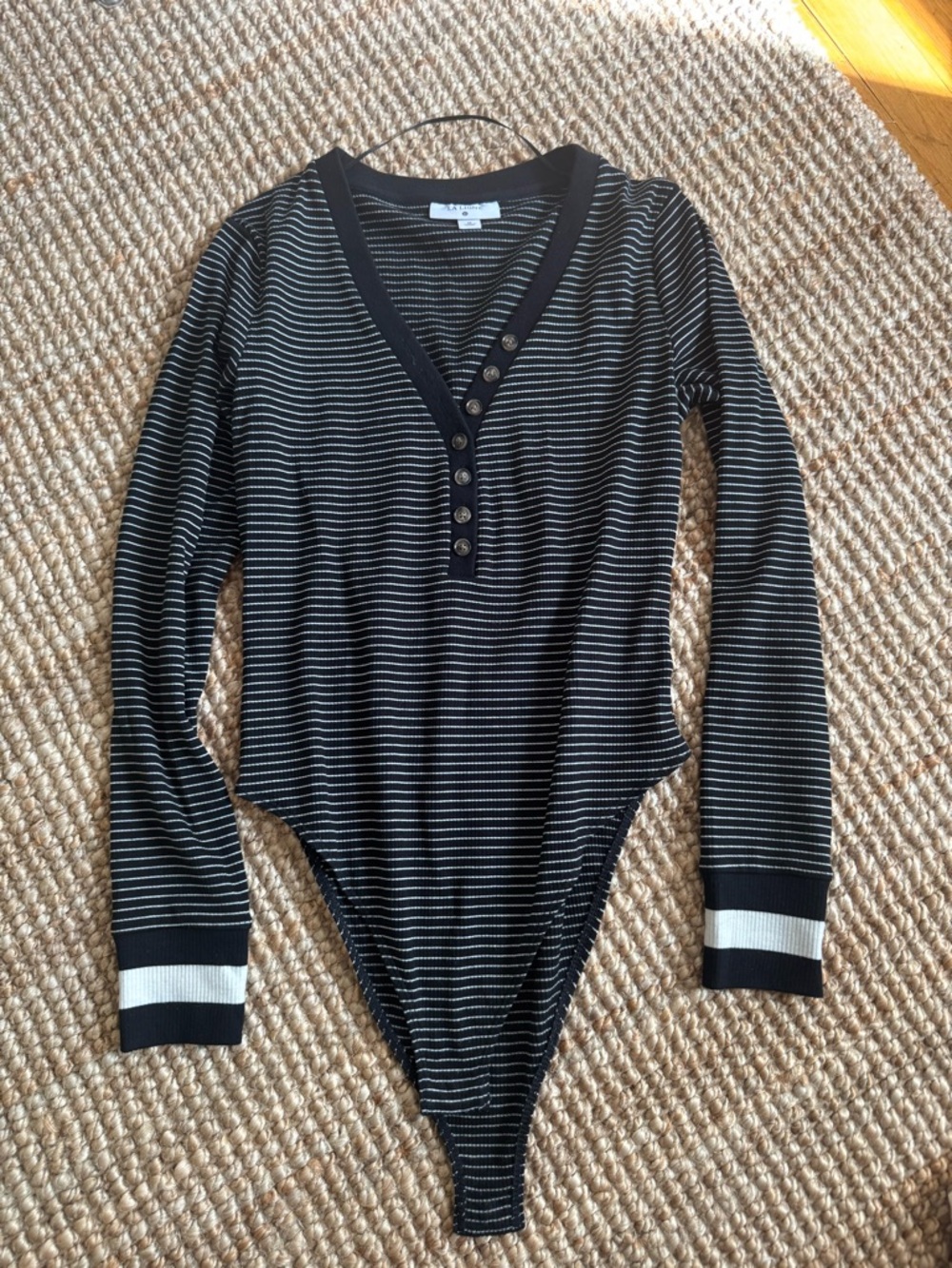 La Ligne Black and White Striped V-Neck Button body suit